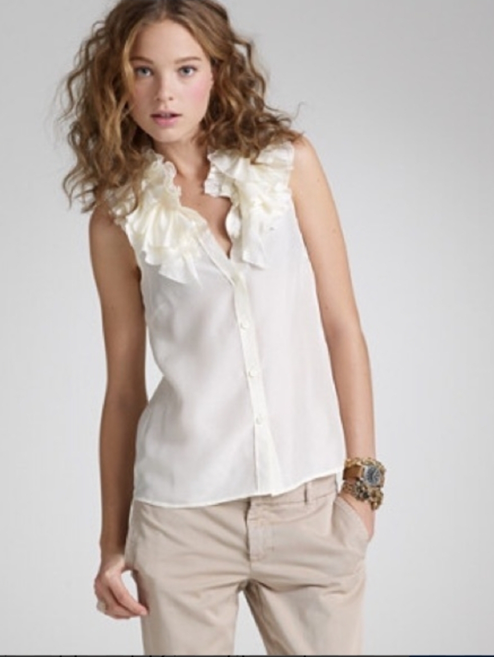 J. Crew Cream Ruffle-Collar Sleeveless 100% Silk Blouse Size 0